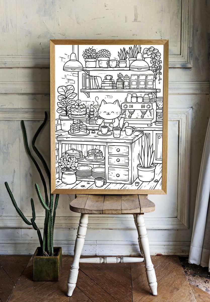 Cozy Cat Cafe Line Art Poster. — room view 1