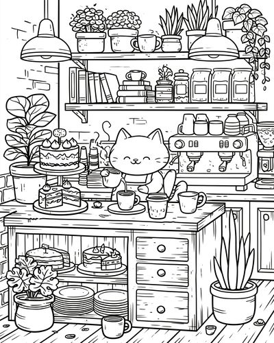 Cozy Cat Cafe Line Art Poster. poster print