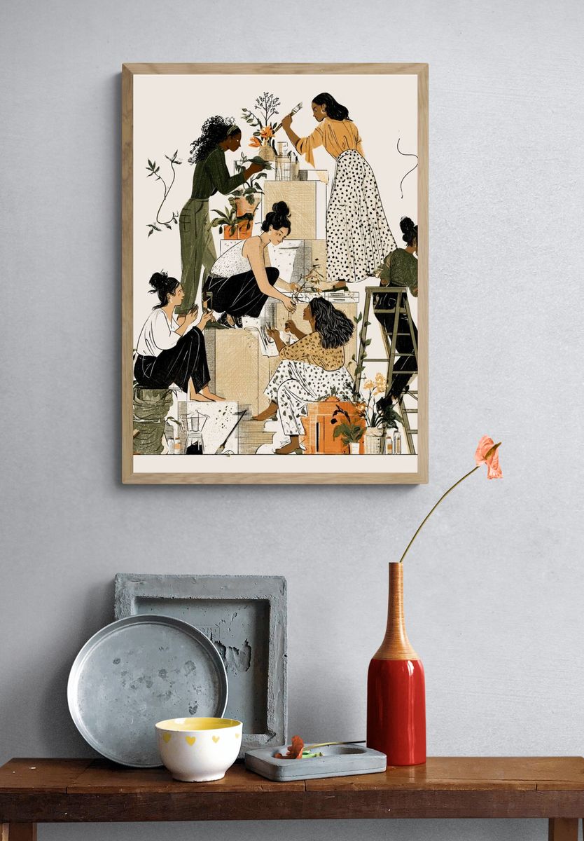 Women Painting Together Illustration Print. — room view 3