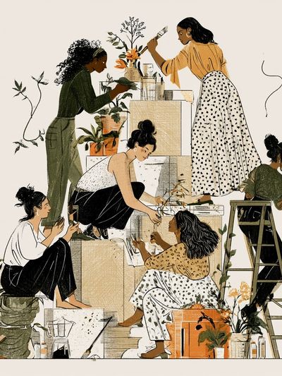 Women Painting Together Illustration Print. poster