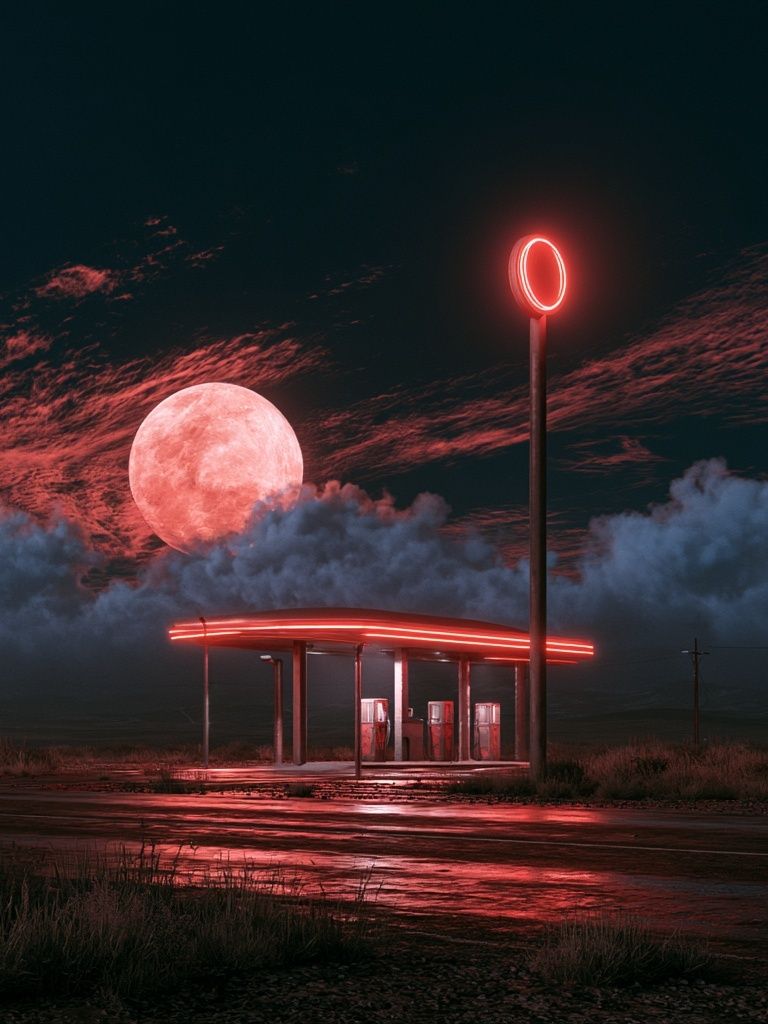 Neon Moon Gas Station Poster. poster — illustration art