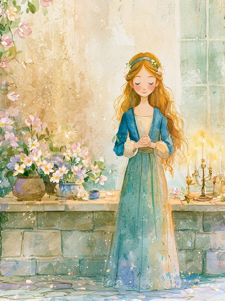 Floral Girl in Garden Watercolor Poster. poster detail