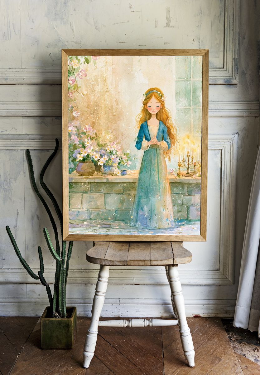 Floral Girl in Garden Watercolor Poster. room preview