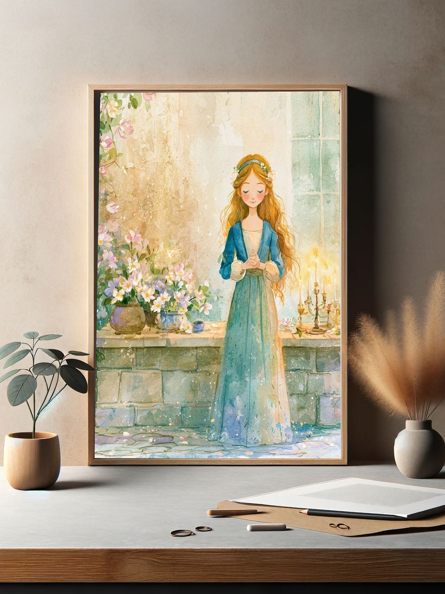 Floral Girl in Garden Watercolor Poster. — room view 2