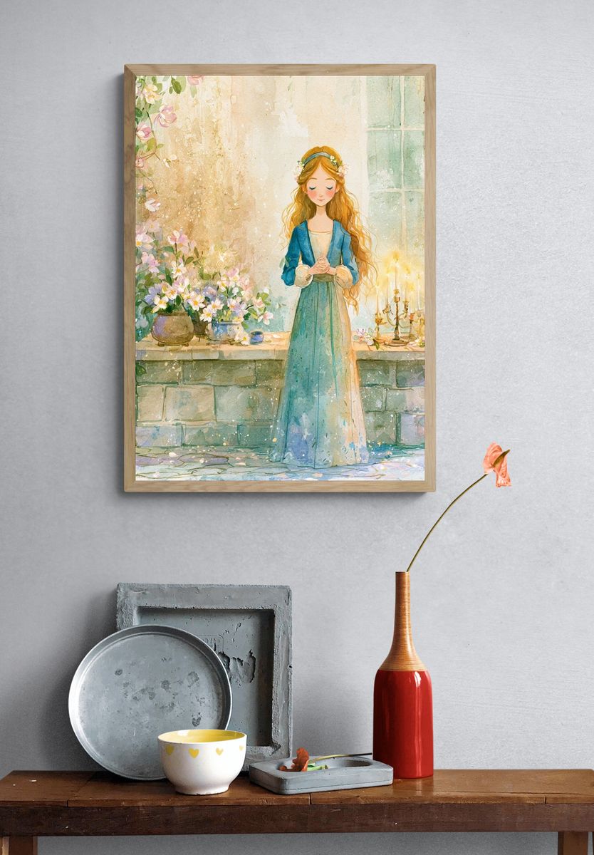 Floral Girl in Garden Watercolor Poster. — room view 3
