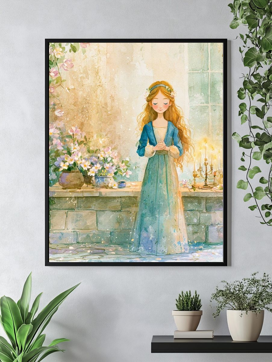 Floral Girl in Garden Watercolor Poster. — room view 4
