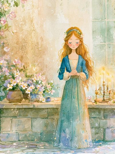 Floral Girl in Garden Watercolor Poster.