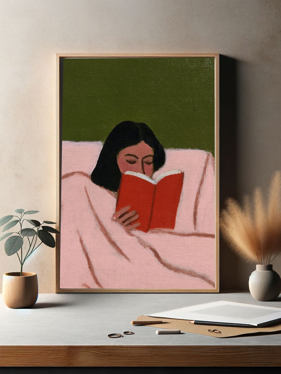 Woman Reading in Bed Illustration Poster. — room view 2