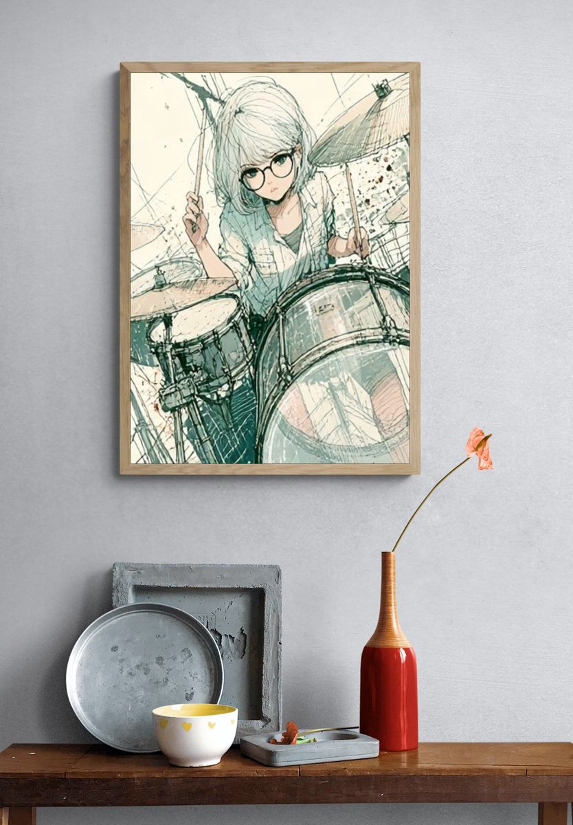 Drummer Girl Digital Art Poster. — room view 3