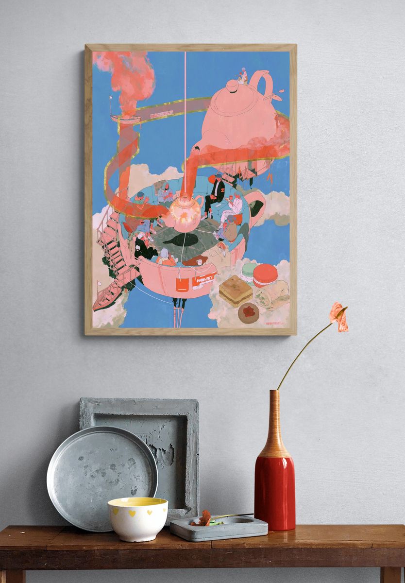 Surreal Teapot Gathering Print. — room view 3