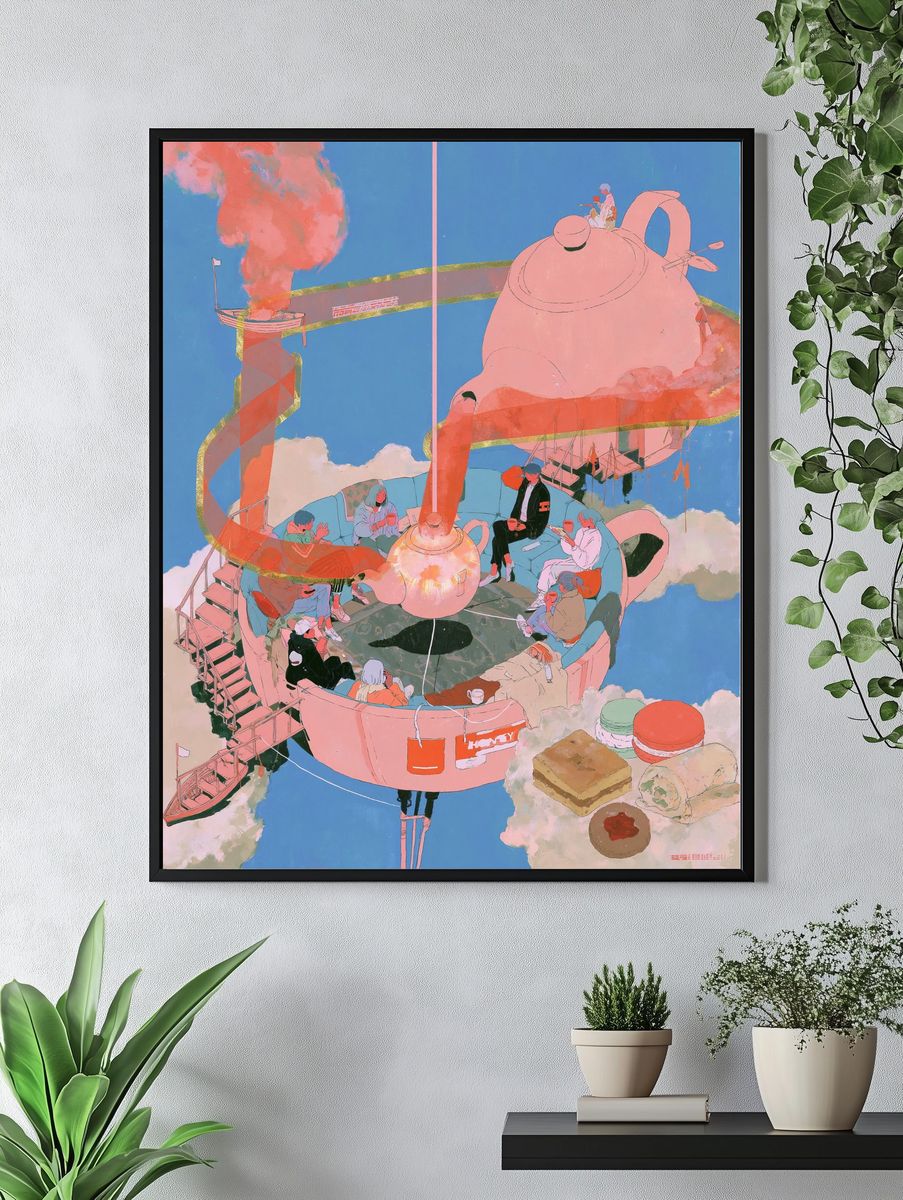 Surreal Teapot Gathering Print. — room view 4