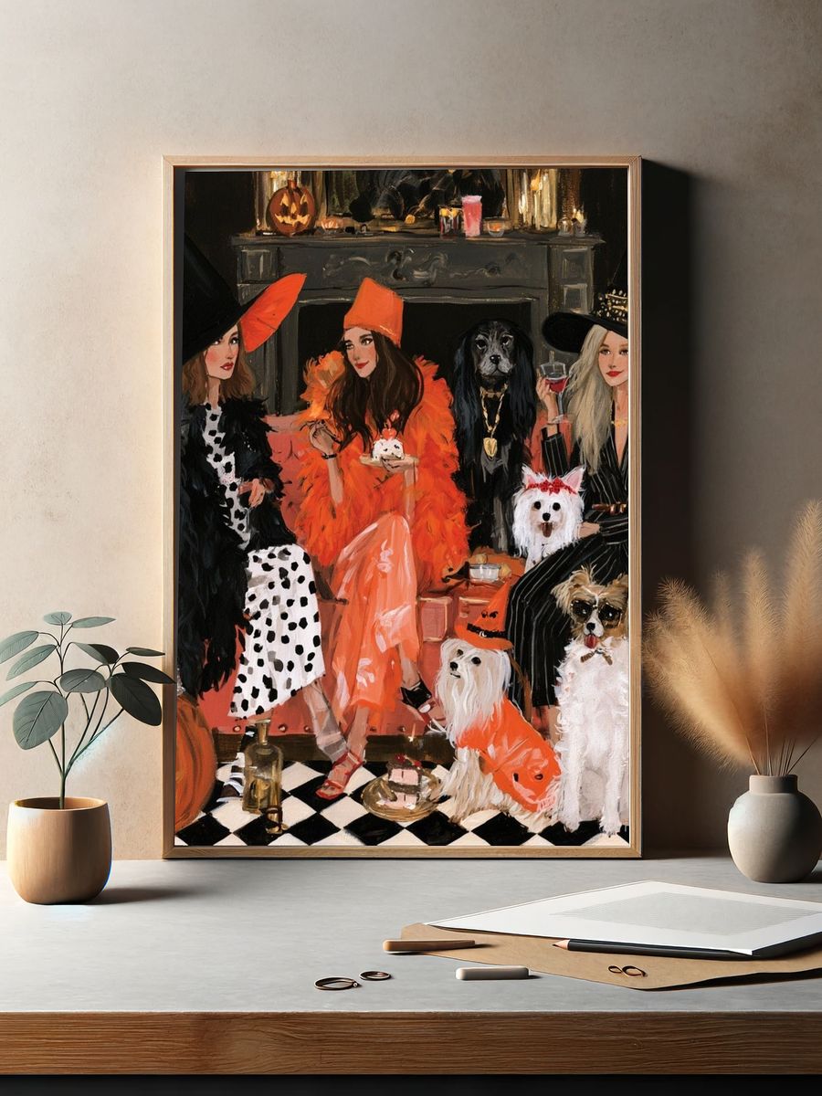 Halloween Fashion Dogs Illustration Poster. — room view 2