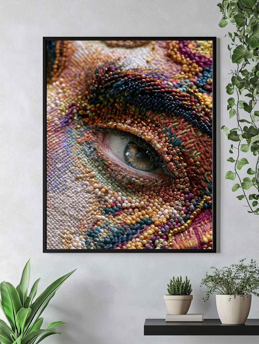 Beaded Eye Textile Portrait Print. — room view 4