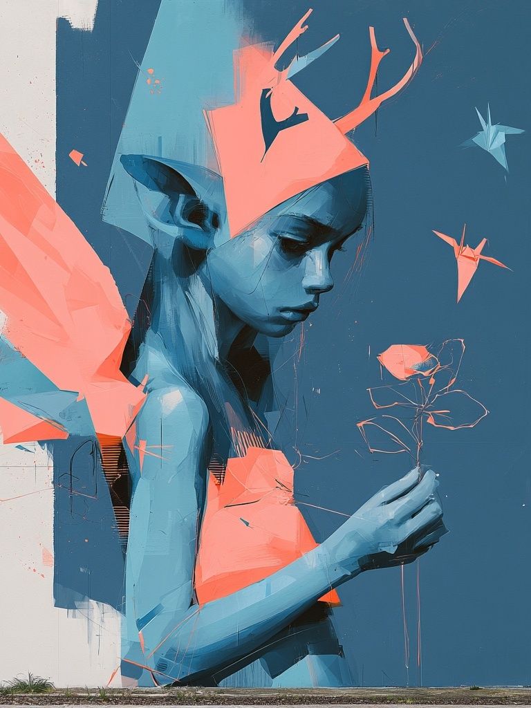 Blue Girl with Flower Illustration Poster. poster — illustration art