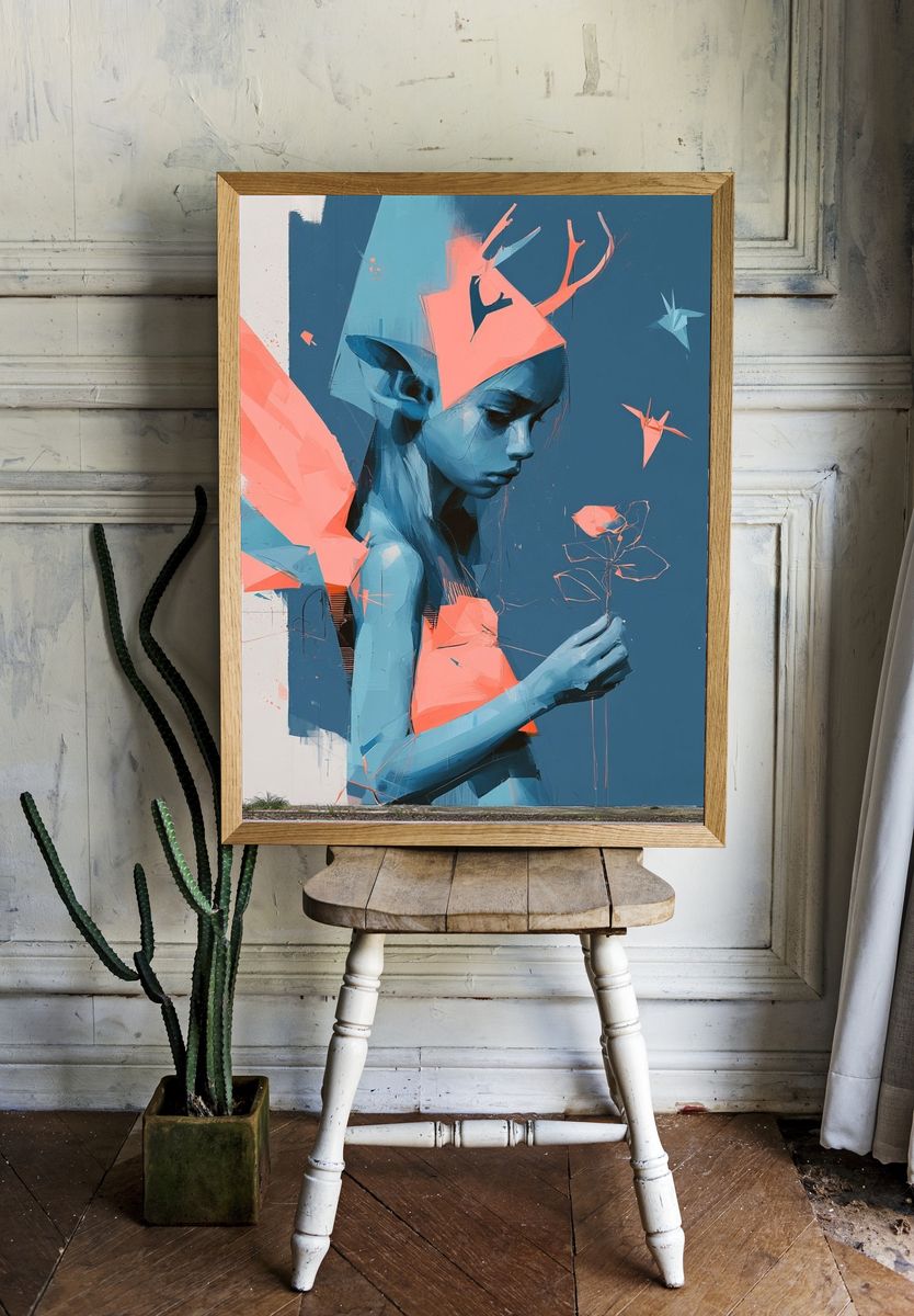 Blue Girl with Flower Illustration Poster. — room view 1