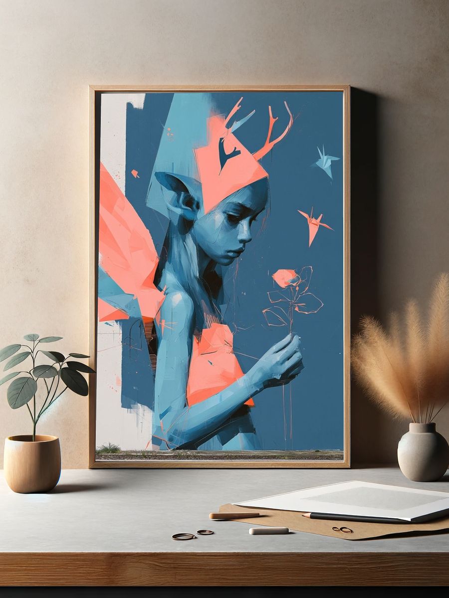 Blue Girl with Flower Illustration Poster. — room view 2