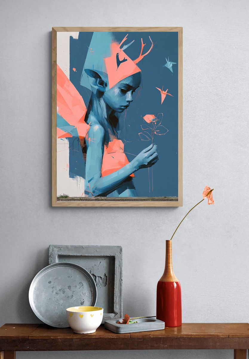 Blue Girl with Flower Illustration Poster. — room view 3
