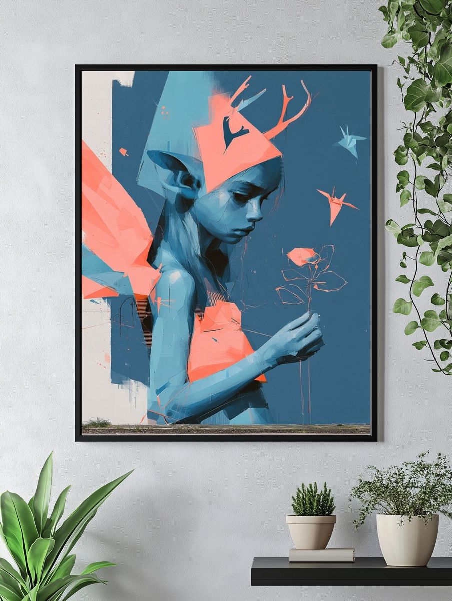 Blue Girl with Flower Illustration Poster. — room view 4