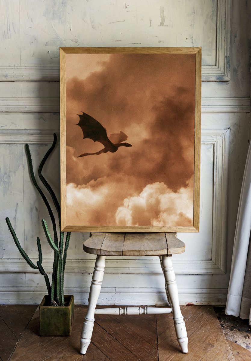 Dragon in Sepia Clouds Print. — room view 1