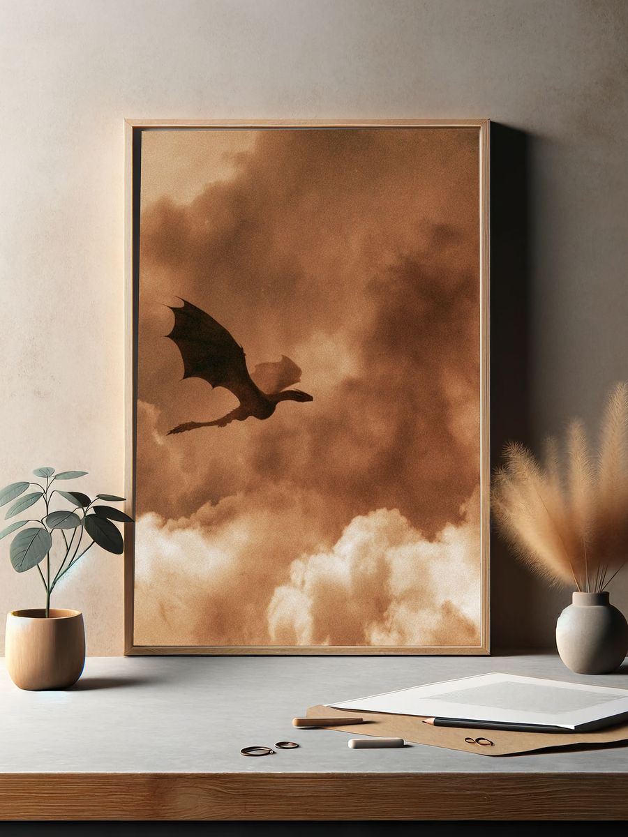 Dragon in Sepia Clouds Print. — room view 2