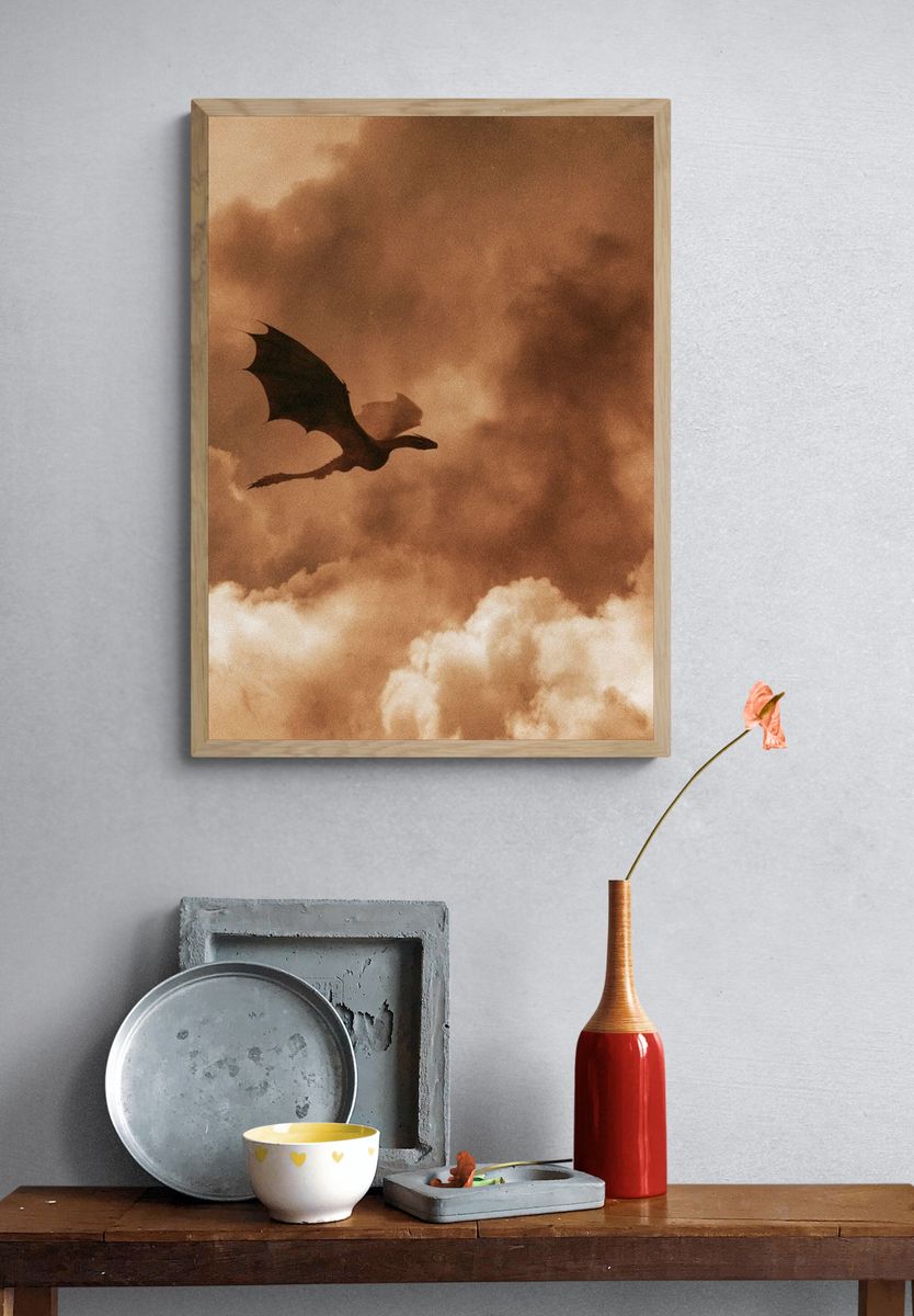 Dragon in Sepia Clouds Print. — room view 3