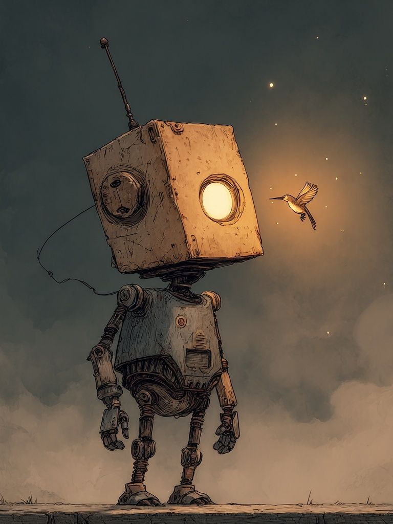 Robot and Hummingbird Illustration Poster. poster detail