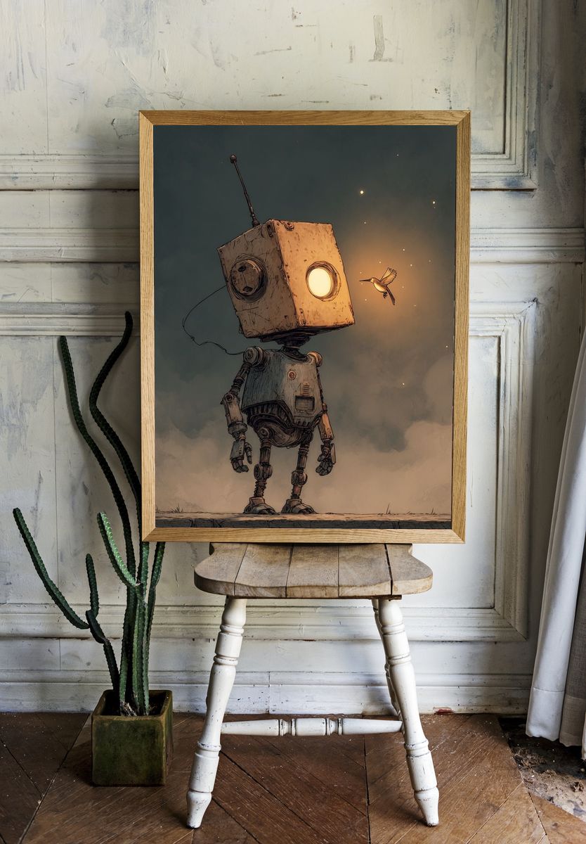 Robot and Hummingbird Illustration Poster. room preview