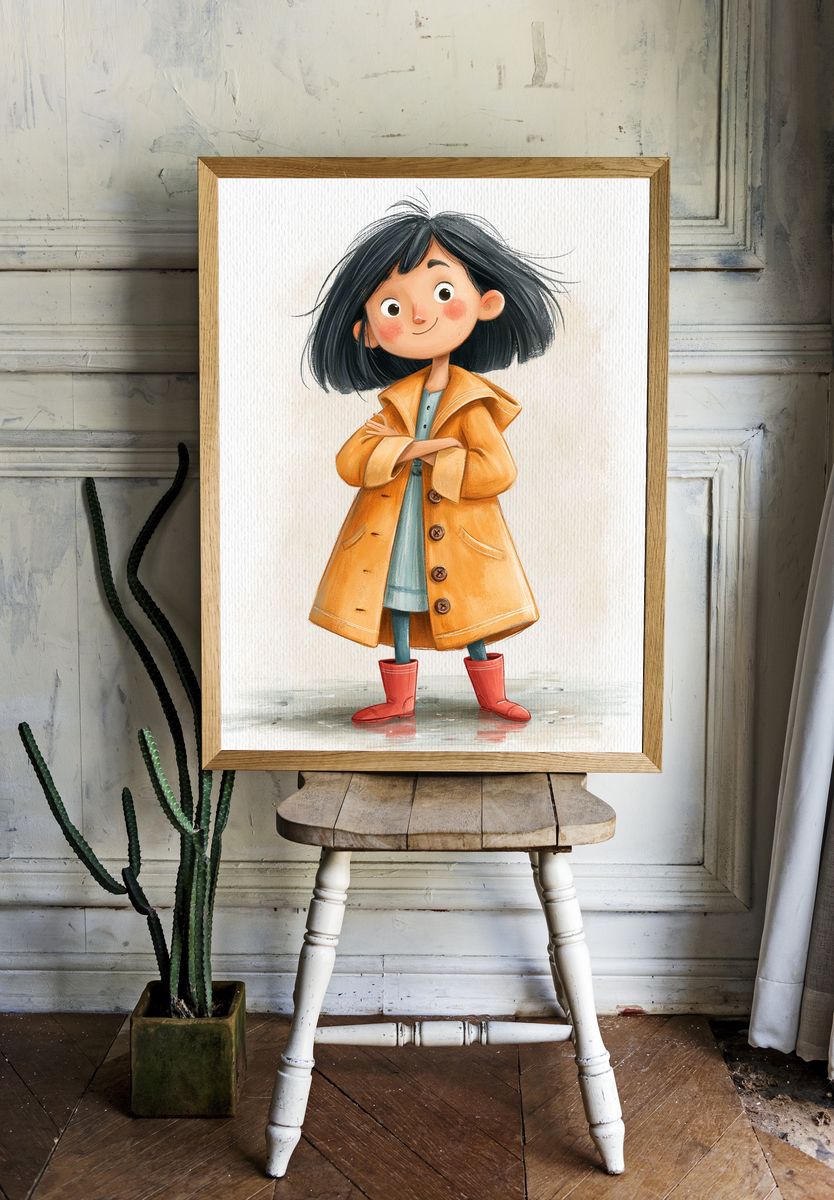 Girl in Yellow Raincoat Illustration Poster. — room view 1