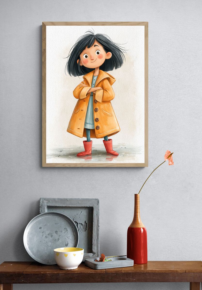 Girl in Yellow Raincoat Illustration Poster. — room view 3