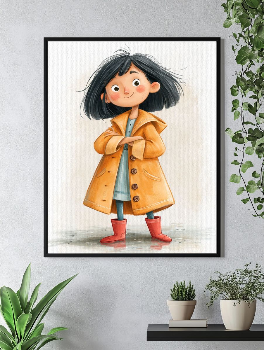 Girl in Yellow Raincoat Illustration Poster. — room view 4