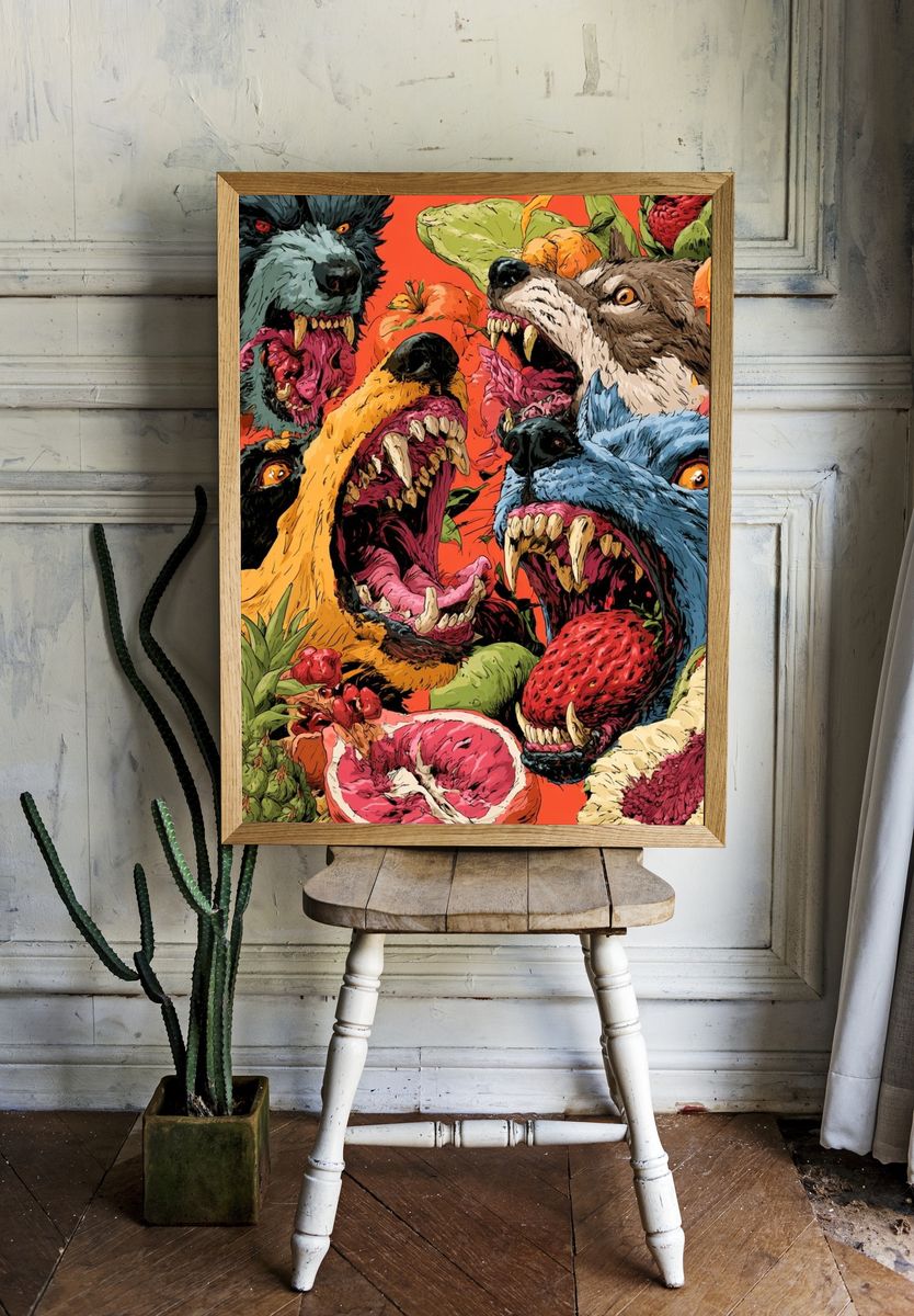 Ferocious Fruit Wolves Illustration Poster. room preview