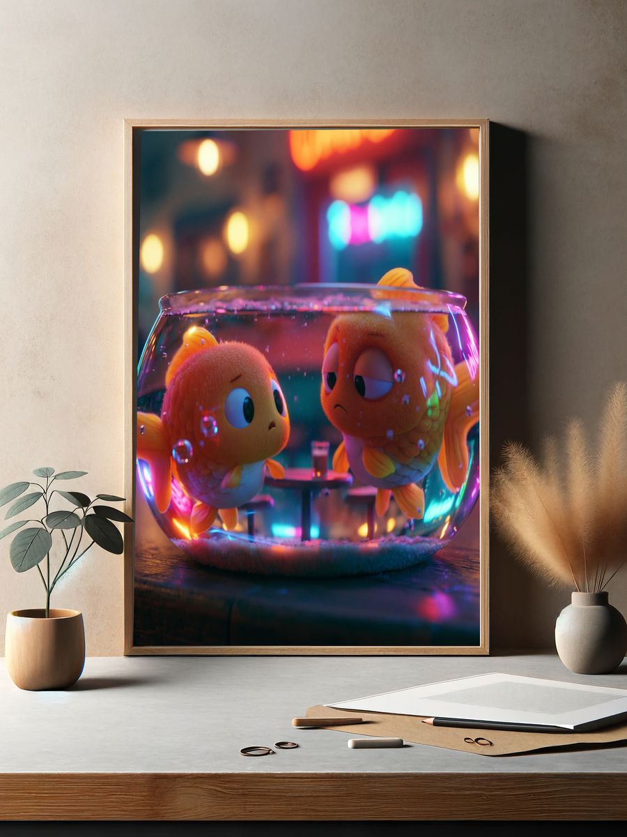 Goldfish Bowl Neon Illustration Poster. — room view 2