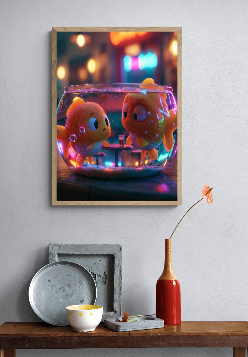 Goldfish Bowl Neon Illustration Poster. — room view 3