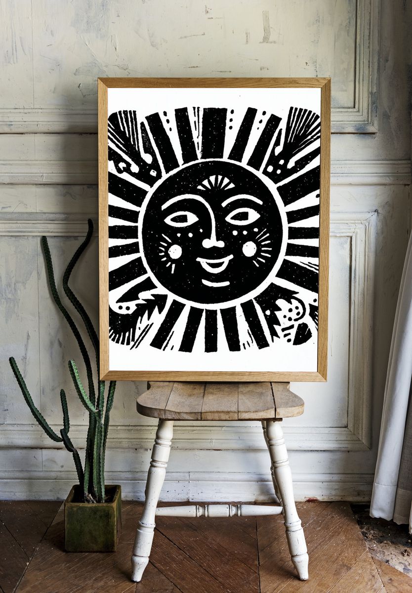 Radiant Sun Face Illustration Poster. — room view 1