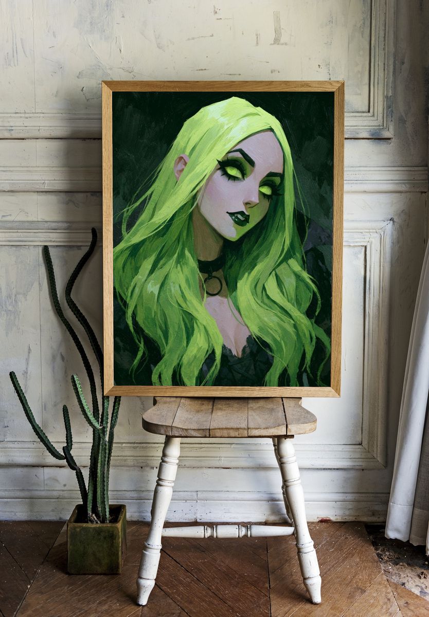Neon Green Gothic Portrait Poster. — room view 1