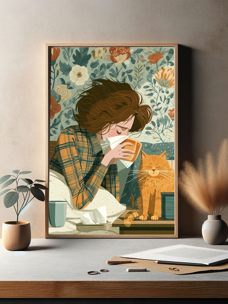 Cozy Cat and Girl Illustration Poster. — room view 2