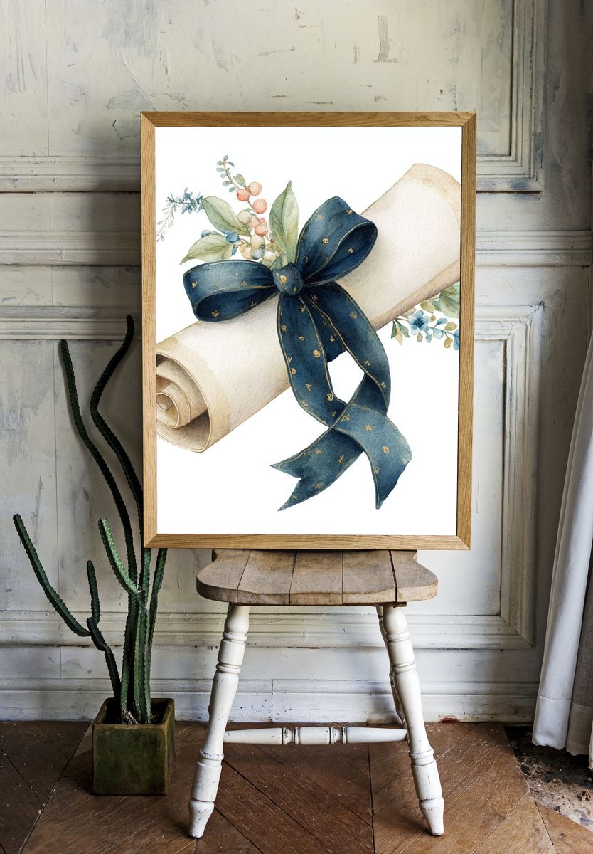 Watercolor Scroll Ribbon Botanical Print. room preview