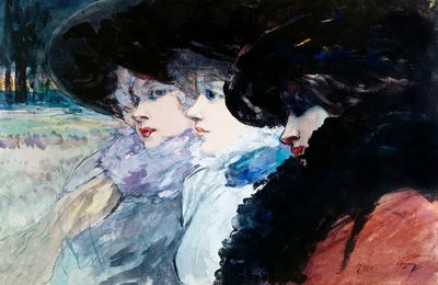 Three women profile (1890-1900) painting. poster print