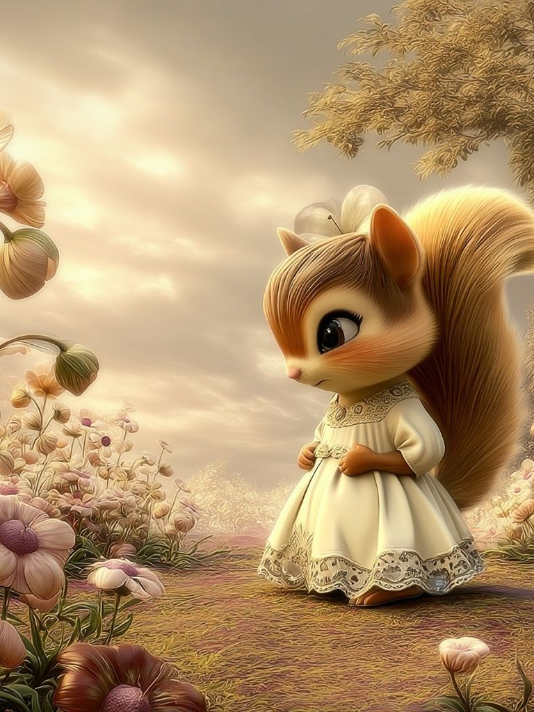 Squirrel in Flower Garden Illustration Poster. poster detail