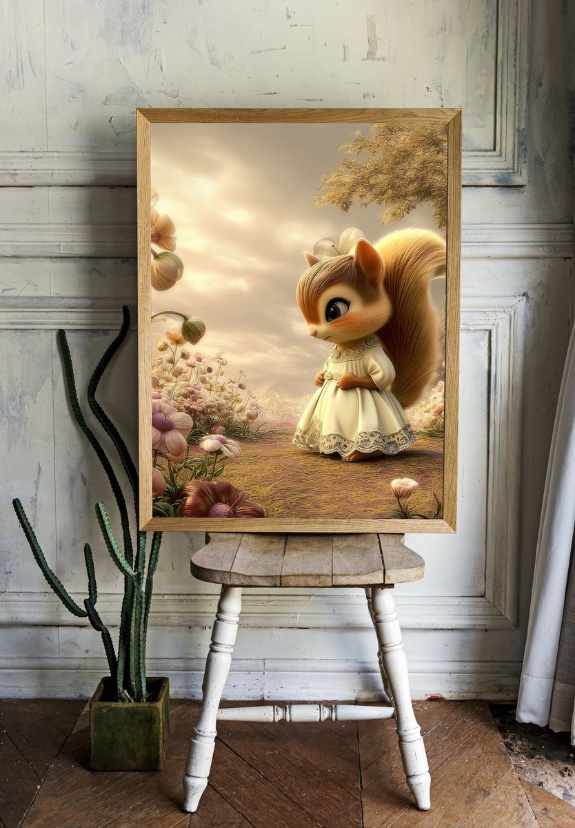 Squirrel in Flower Garden Illustration Poster. room preview
