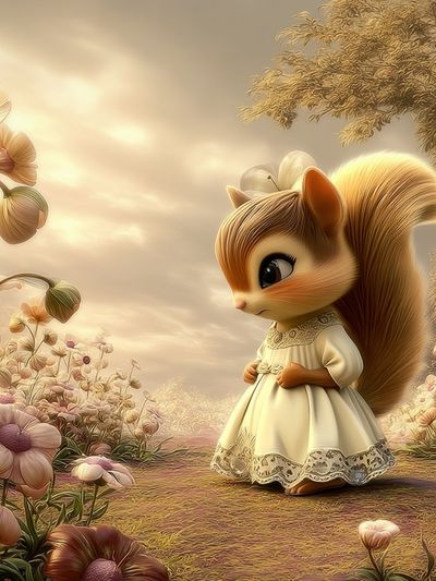 Squirrel in Flower Garden Illustration Poster. poster