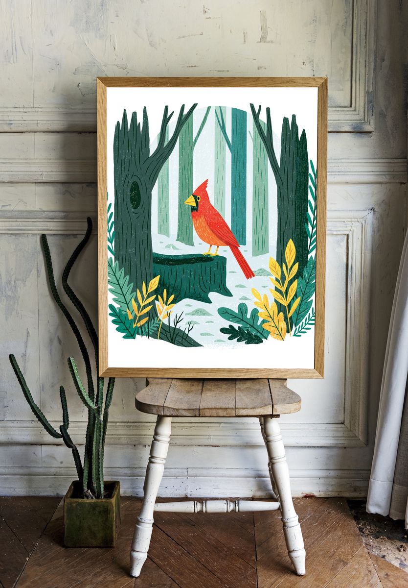 Cardinal Forest Illustration Poster. — room view 1
