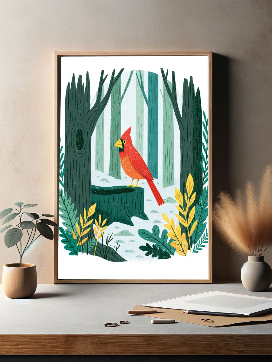 Cardinal Forest Illustration Poster. — room view 2