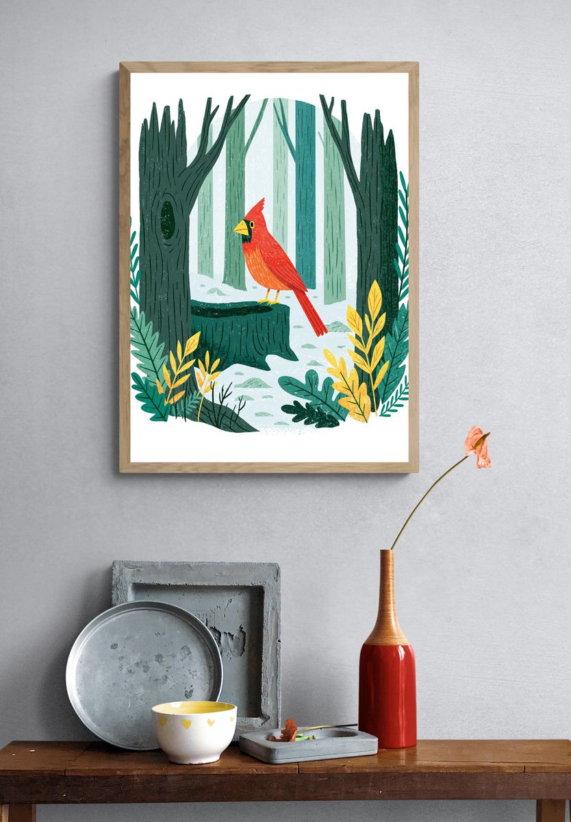 Cardinal Forest Illustration Poster. — room view 3
