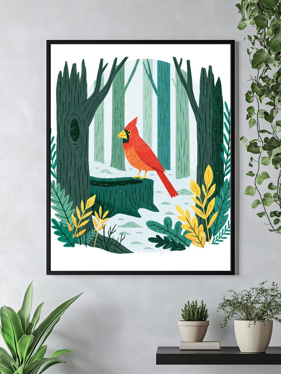 Cardinal Forest Illustration Poster. — room view 4