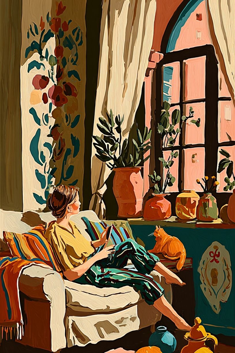 Cozy Interior with Cat Illustration Poster. poster detail