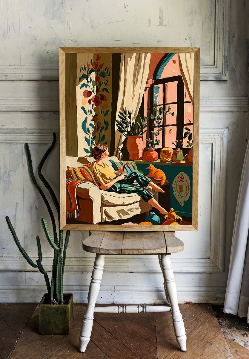 Cozy Interior with Cat Illustration Poster. room preview
