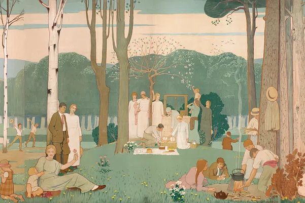 Men, women, children picnic park. poster — illustration art