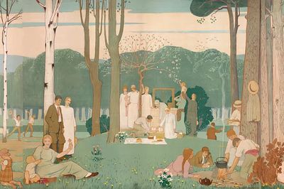 Men, women, children picnic park. poster print