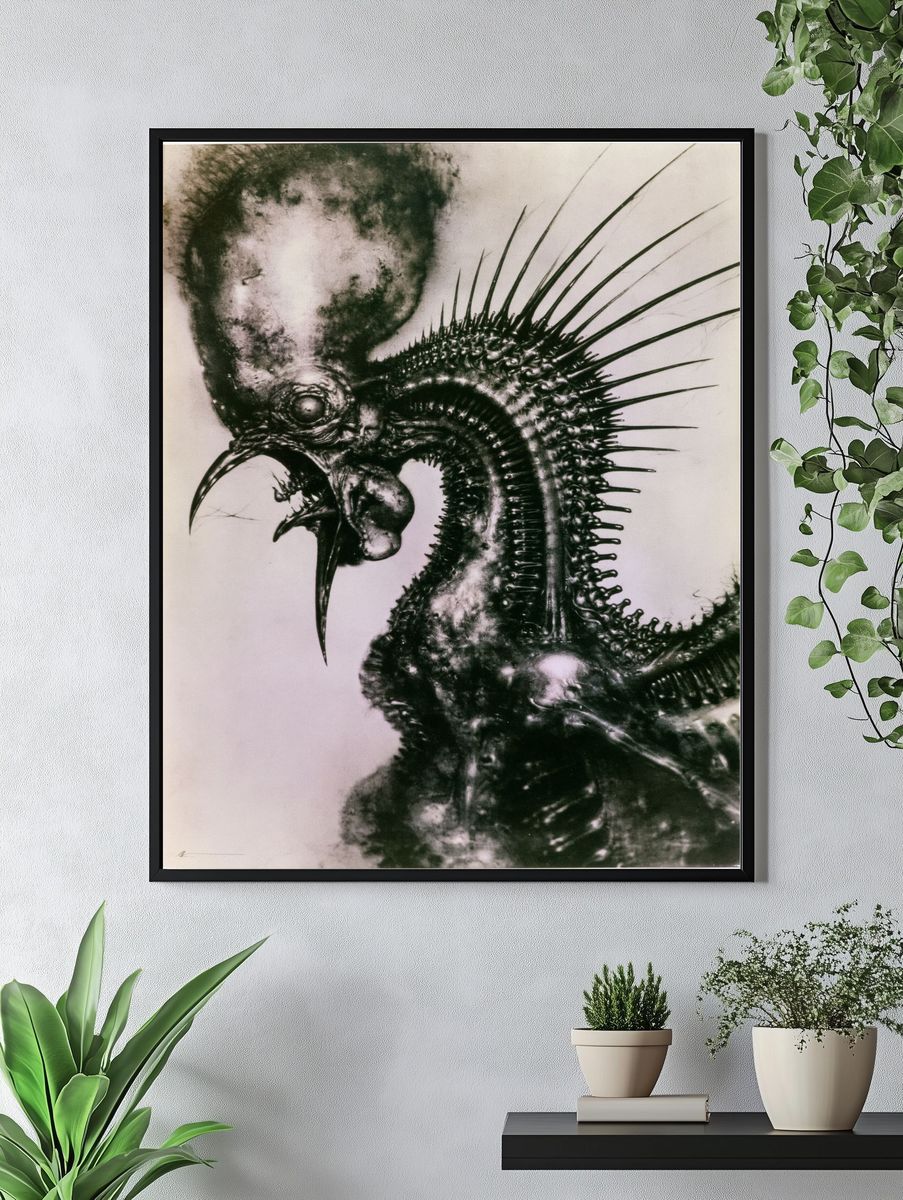 Surreal Spiked Bird Illustration Poster. — room view 4